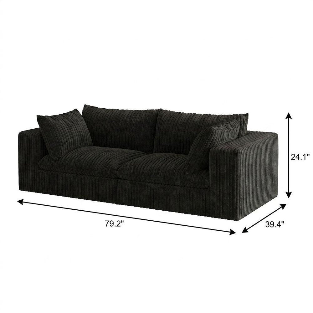 79" Black Corduroy Modular Sofa With Toss Pillows