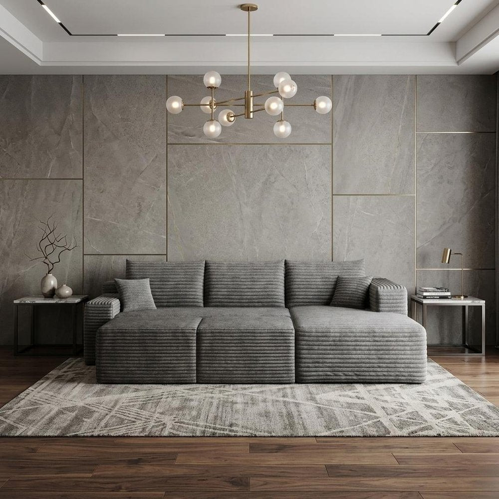 95" Dark Gray Corduroy Modular Chaise Style Sofa With Ottoman And Toss Pillows