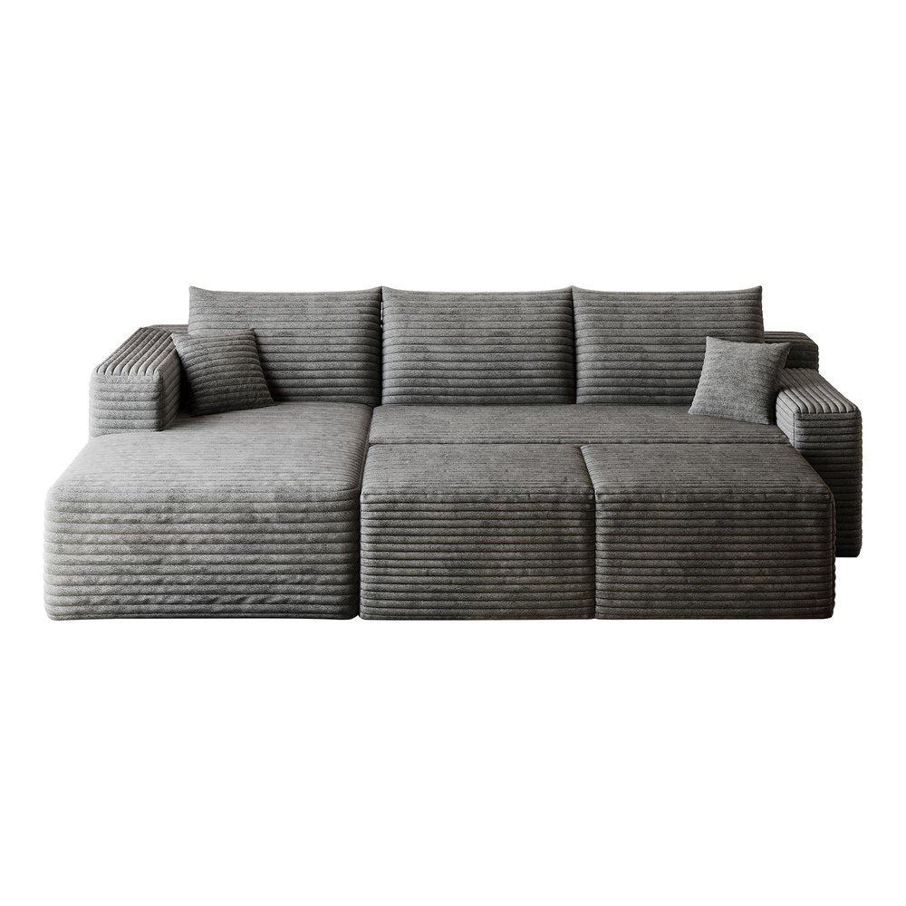 95" Dark Gray Corduroy Modular Chaise Style Sofa With Ottoman And Toss Pillows