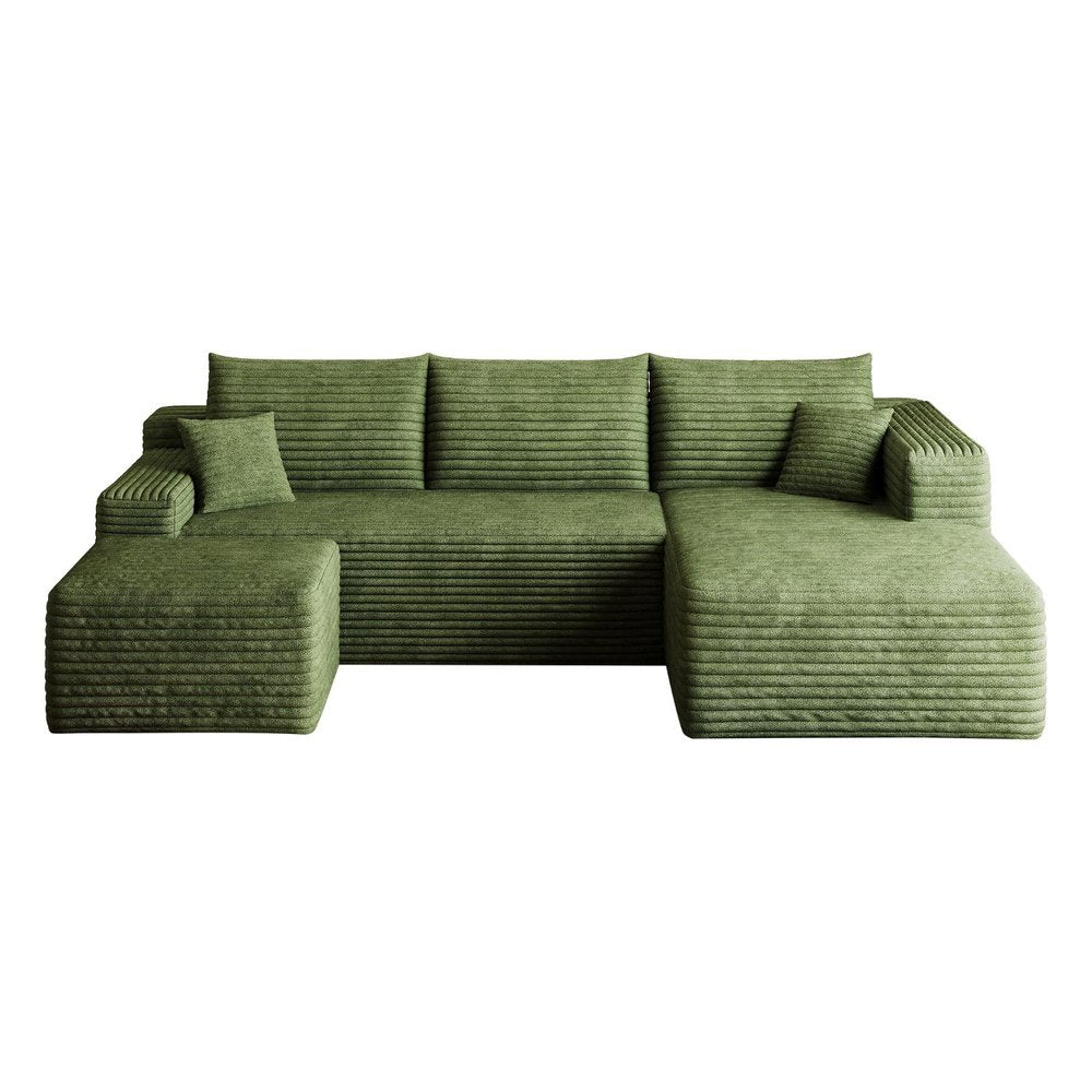 95" Green Corduroy Modular Chaise Style Sofa With Ottoman And Toss Pillows