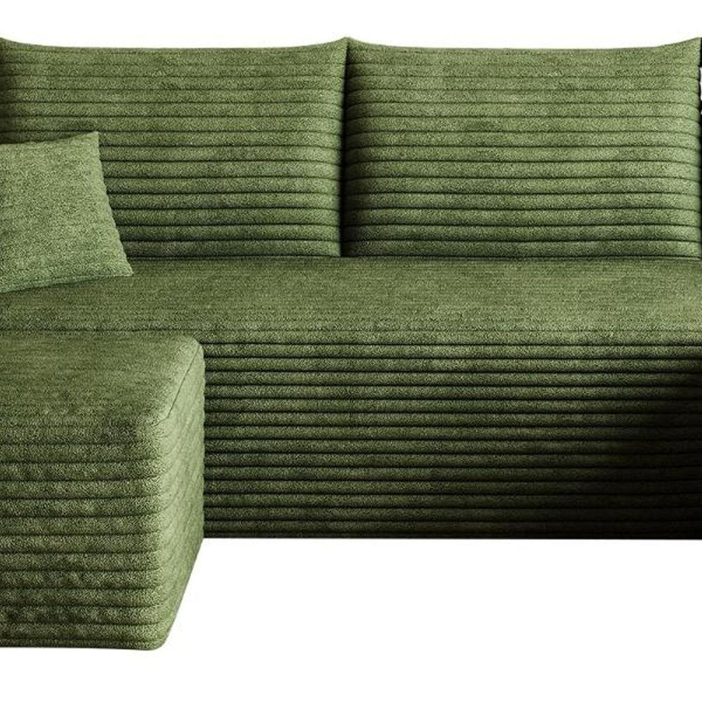 95" Green Corduroy Modular Chaise Style Sofa With Ottoman And Toss Pillows