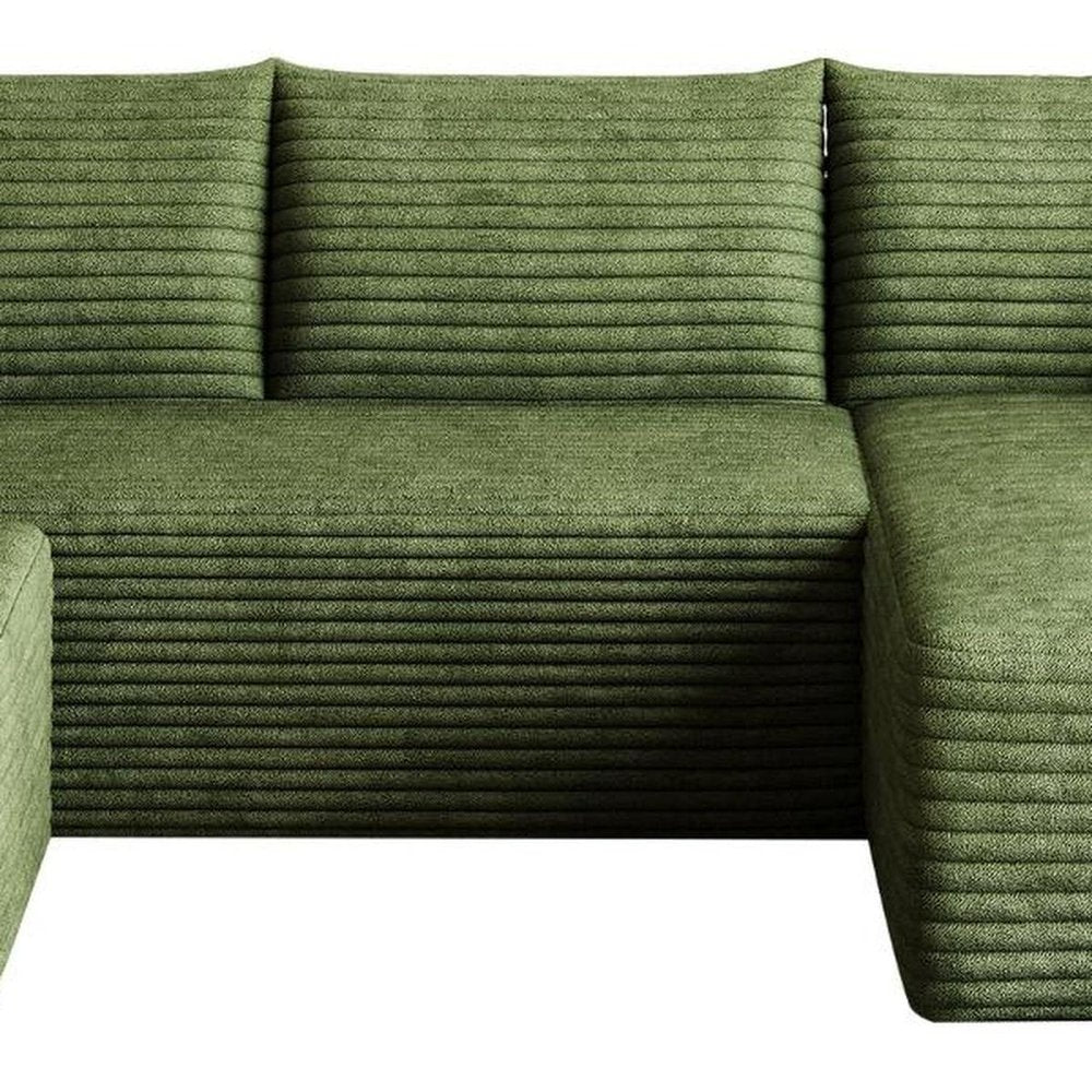 95" Green Corduroy Modular Chaise Style Sofa With Ottoman And Toss Pillows