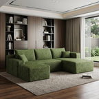 95" Green Corduroy Modular Chaise Style Sofa With Ottoman And Toss Pillows