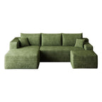95" Green Corduroy Modular Chaise Style Sofa With Ottoman And Toss Pillows