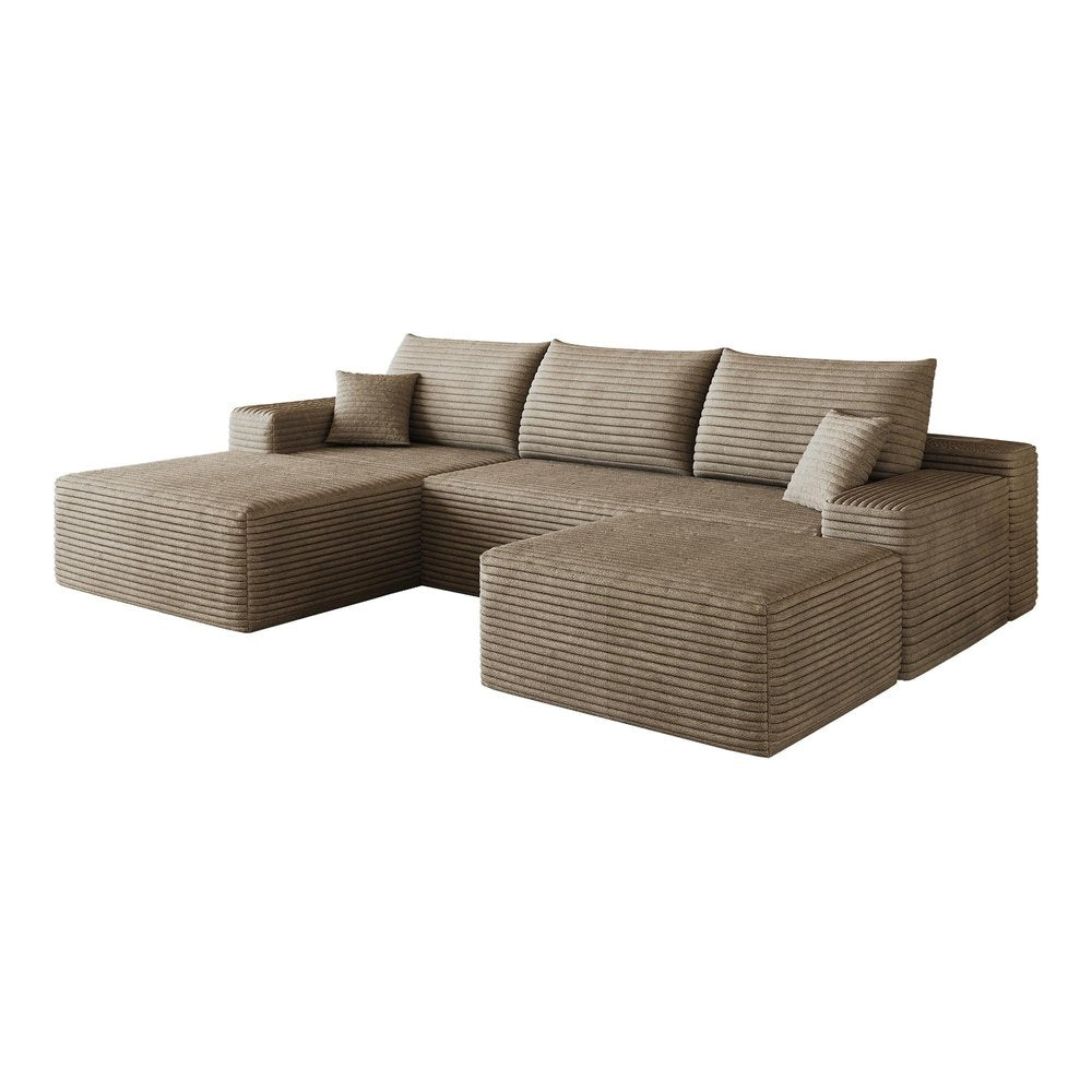 107" Camel Corduroy Modular Chaise Style Sofa With Ottoman