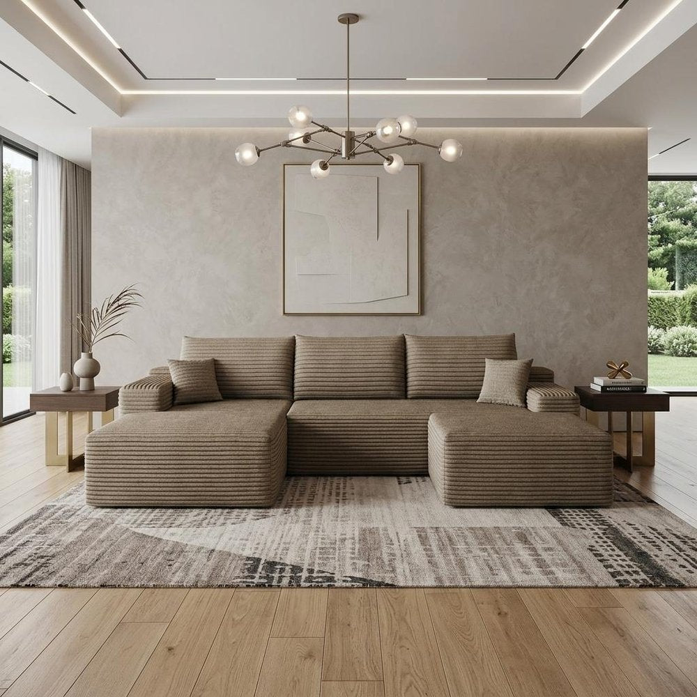 107" Camel Corduroy Modular Chaise Style Sofa With Ottoman