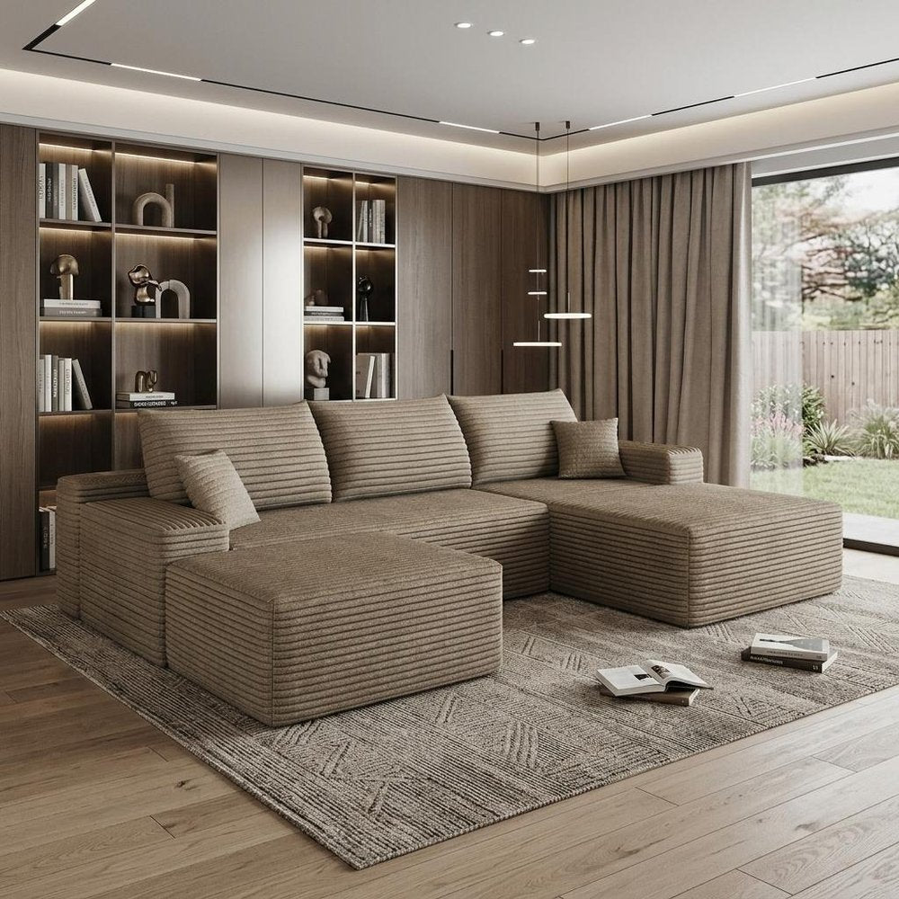 107" Camel Corduroy Modular Chaise Style Sofa With Ottoman And Toss Pillows