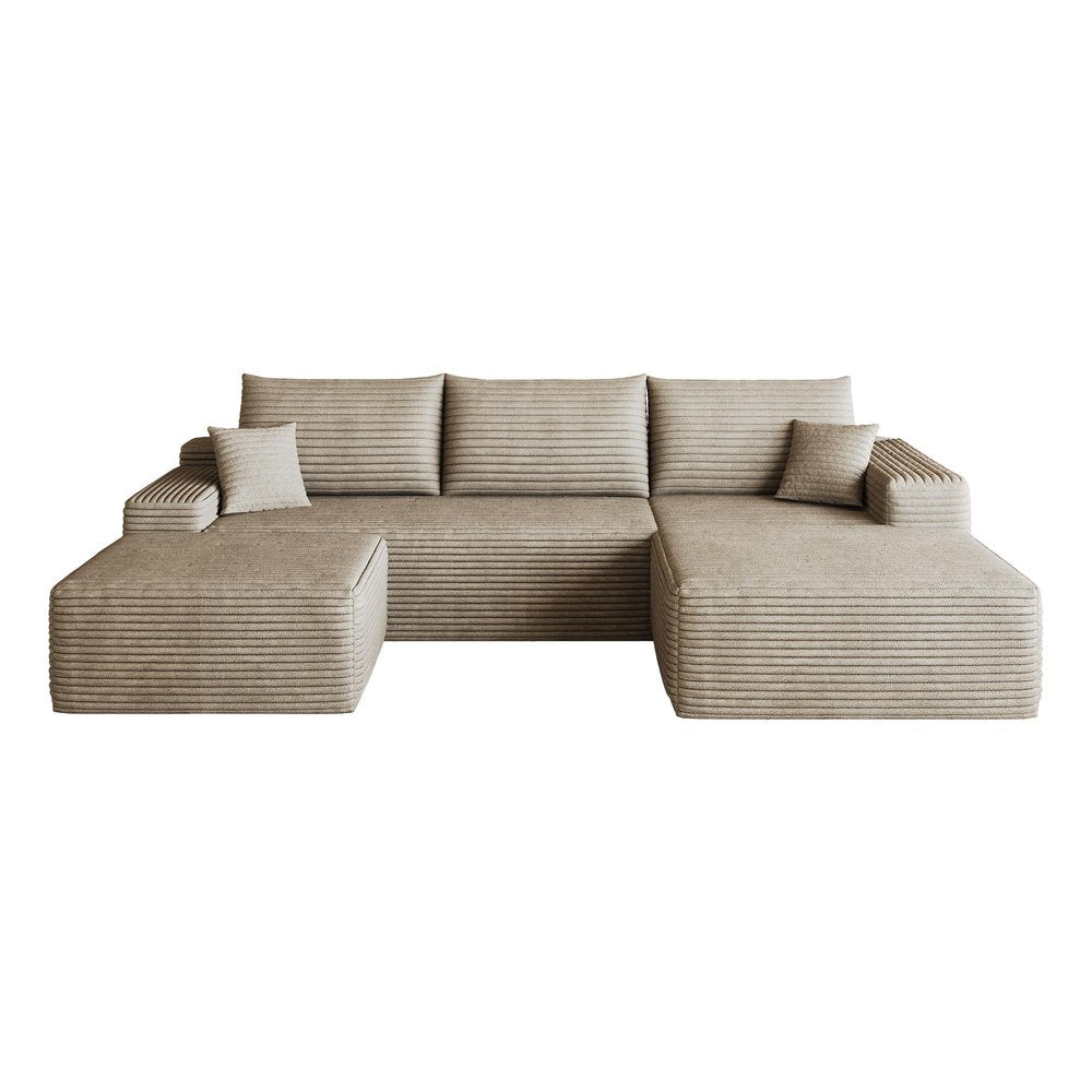 107" Camel Corduroy Modular Chaise Style Sofa With Ottoman And Toss Pillows