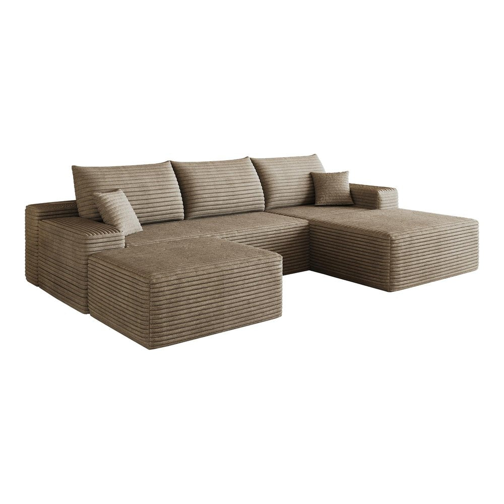107" Camel Corduroy Modular Chaise Style Sofa With Ottoman And Toss Pillows
