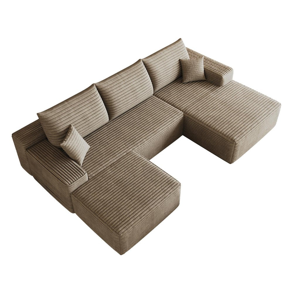 107" Camel Corduroy Modular Chaise Style Sofa With Ottoman And Toss Pillows