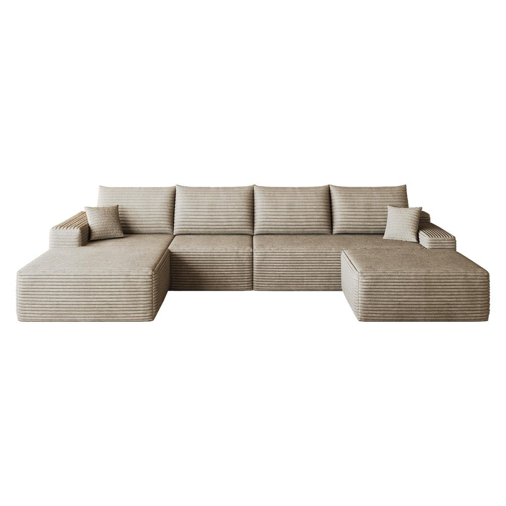 135" Camel Corduroy Modular Chaise Style Sofa With Ottoman And Toss Pillows