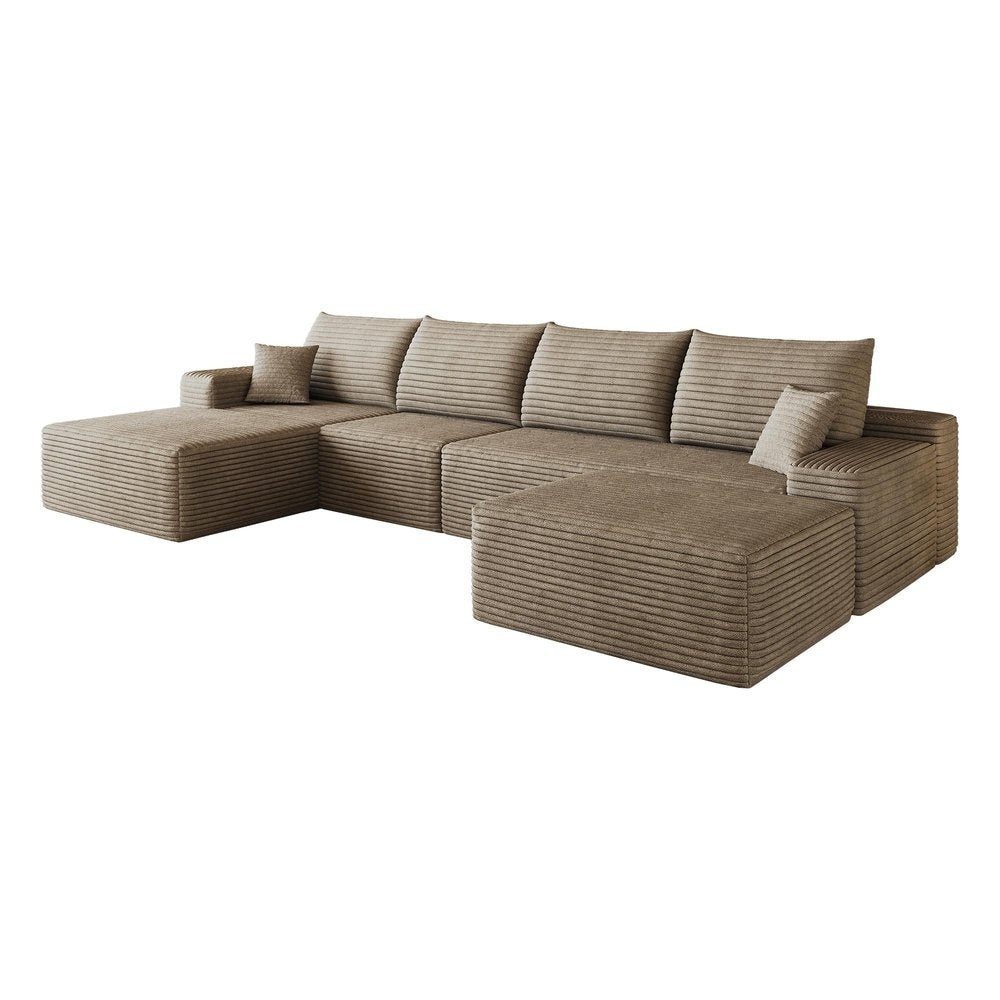 135" Camel Corduroy Modular Chaise Style Sofa With Ottoman And Toss Pillows