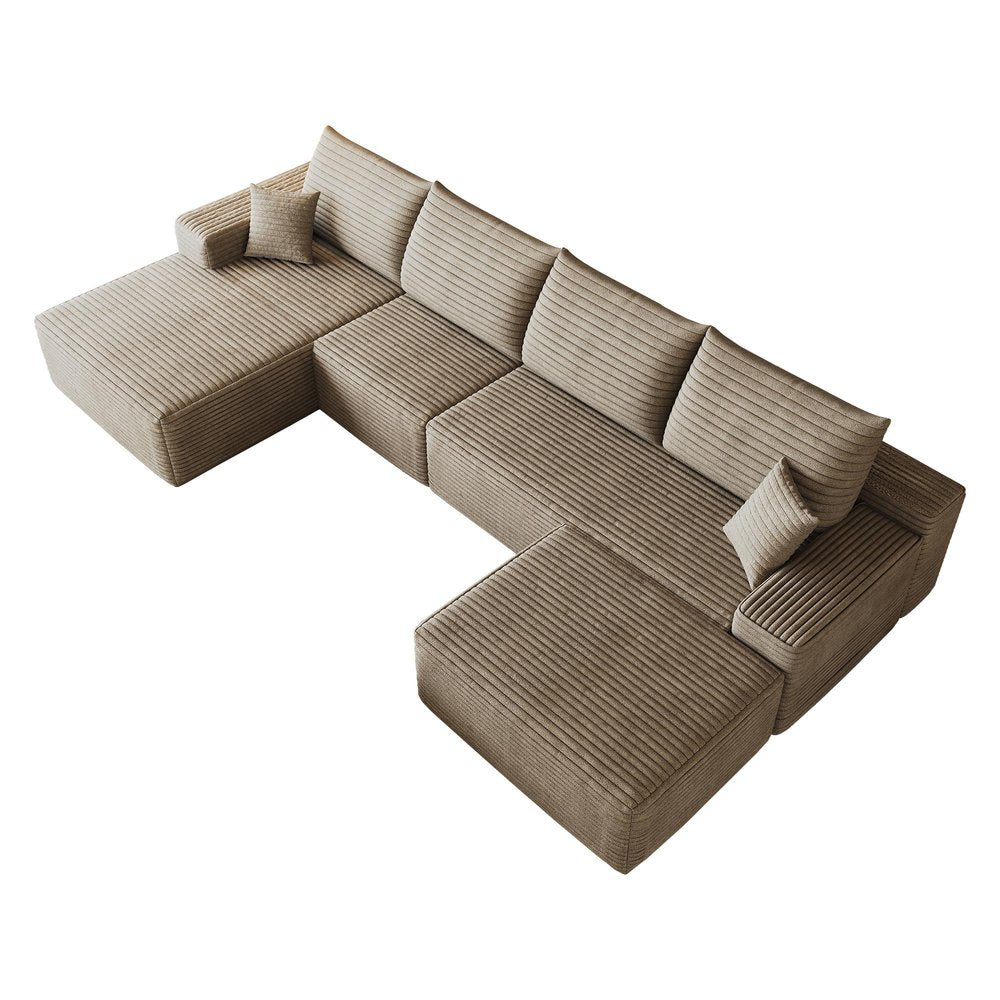 135" Camel Corduroy Modular Chaise Style Sofa With Ottoman And Toss Pillows