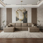 135" Camel Corduroy Modular Chaise Style Sofa With Ottoman And Toss Pillows