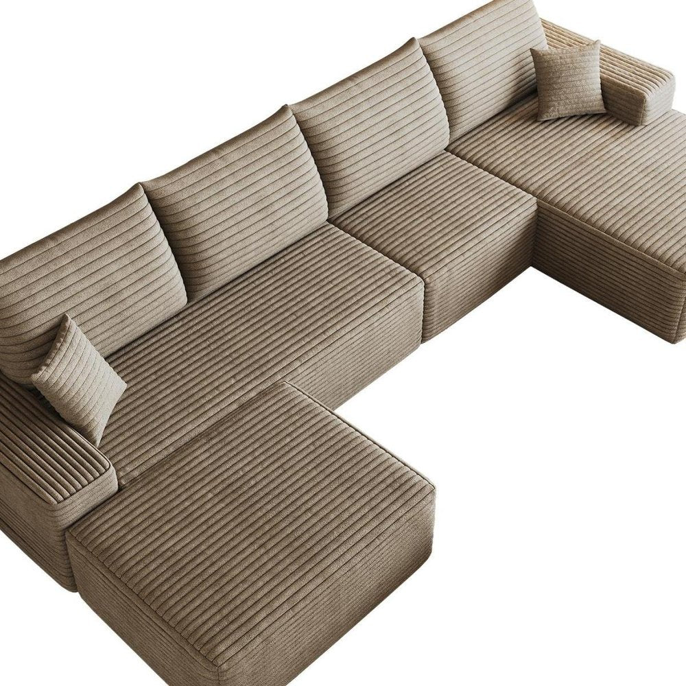 135" Camel Corduroy Modular Chaise Style Sofa With Ottoman And Toss Pillows