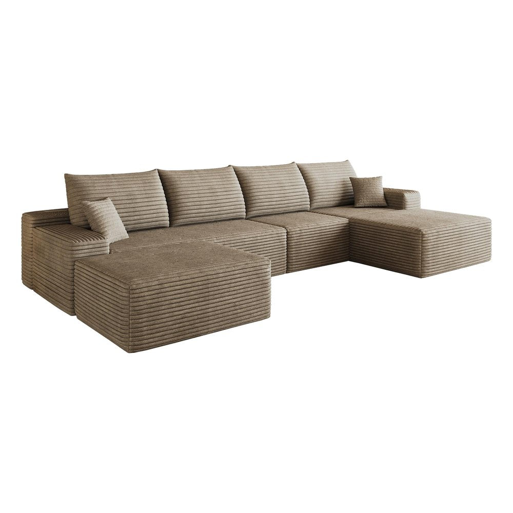 135" Camel Corduroy Modular Chaise Style Sofa With Ottoman And Toss Pillows