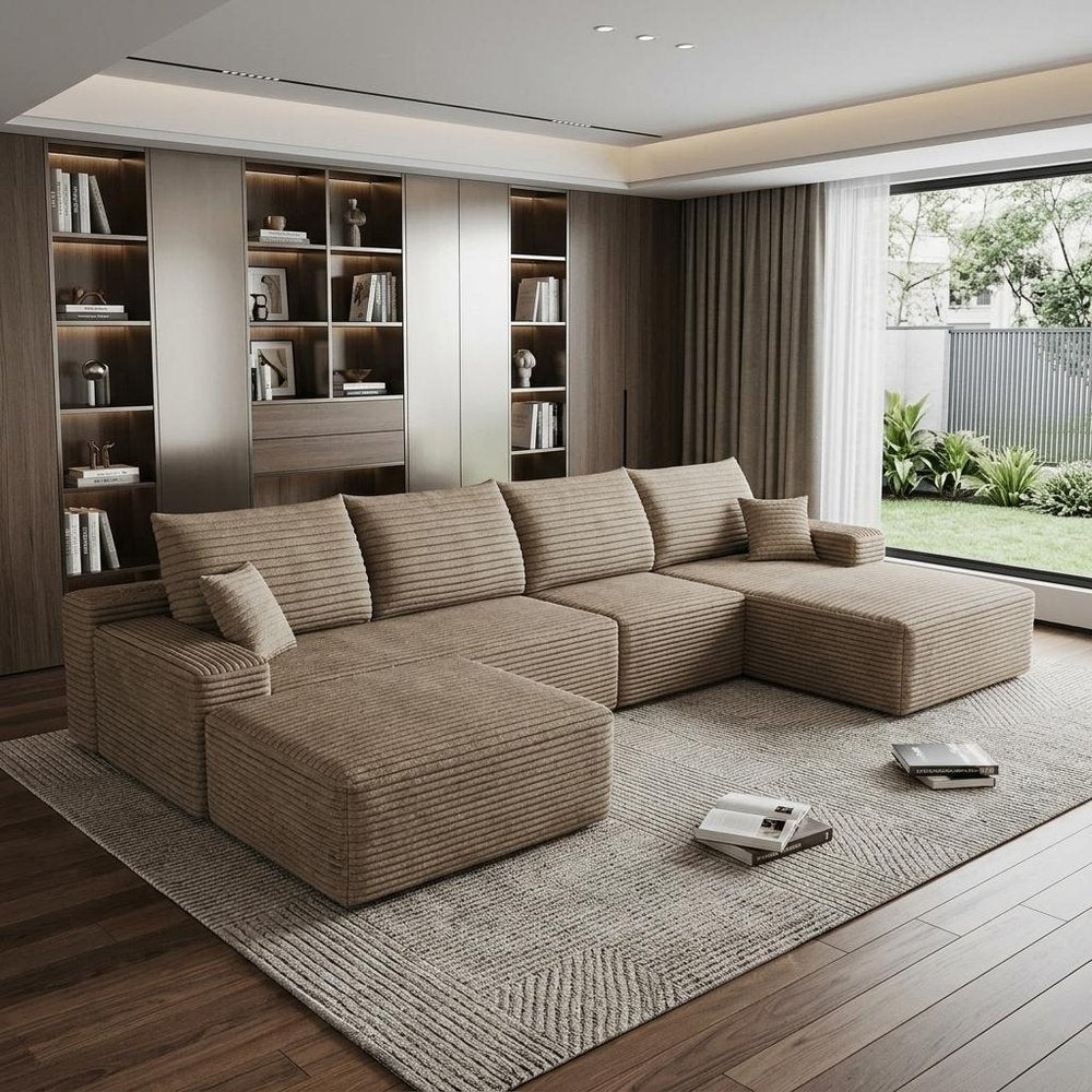 135" Camel Corduroy Modular Chaise Style Sofa With Ottoman And Toss Pillows