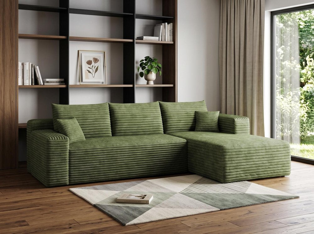 Green Corduroy Modular L Shaped Sofa and Chaise Sectional