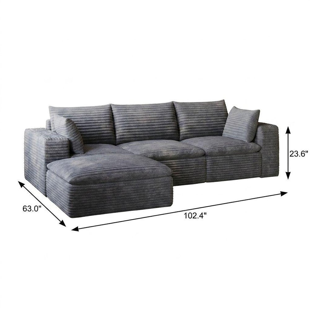 102" Dark Gray Corduroy Modular Sofa With Ottoman And Toss Pillows