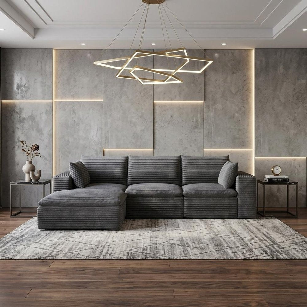 102" Dark Gray Corduroy Modular Sofa With Ottoman And Toss Pillows