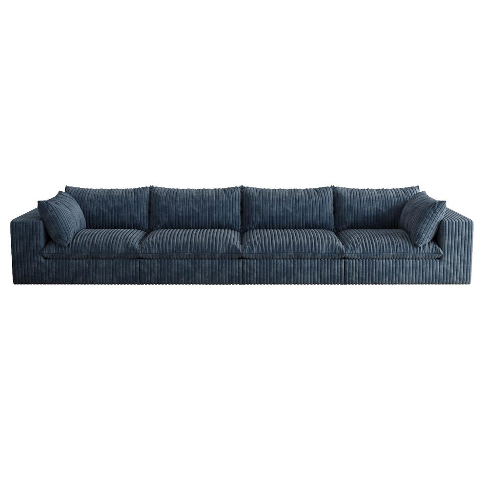 158" Blue Corduroy Modular Sofa With Toss Pillows