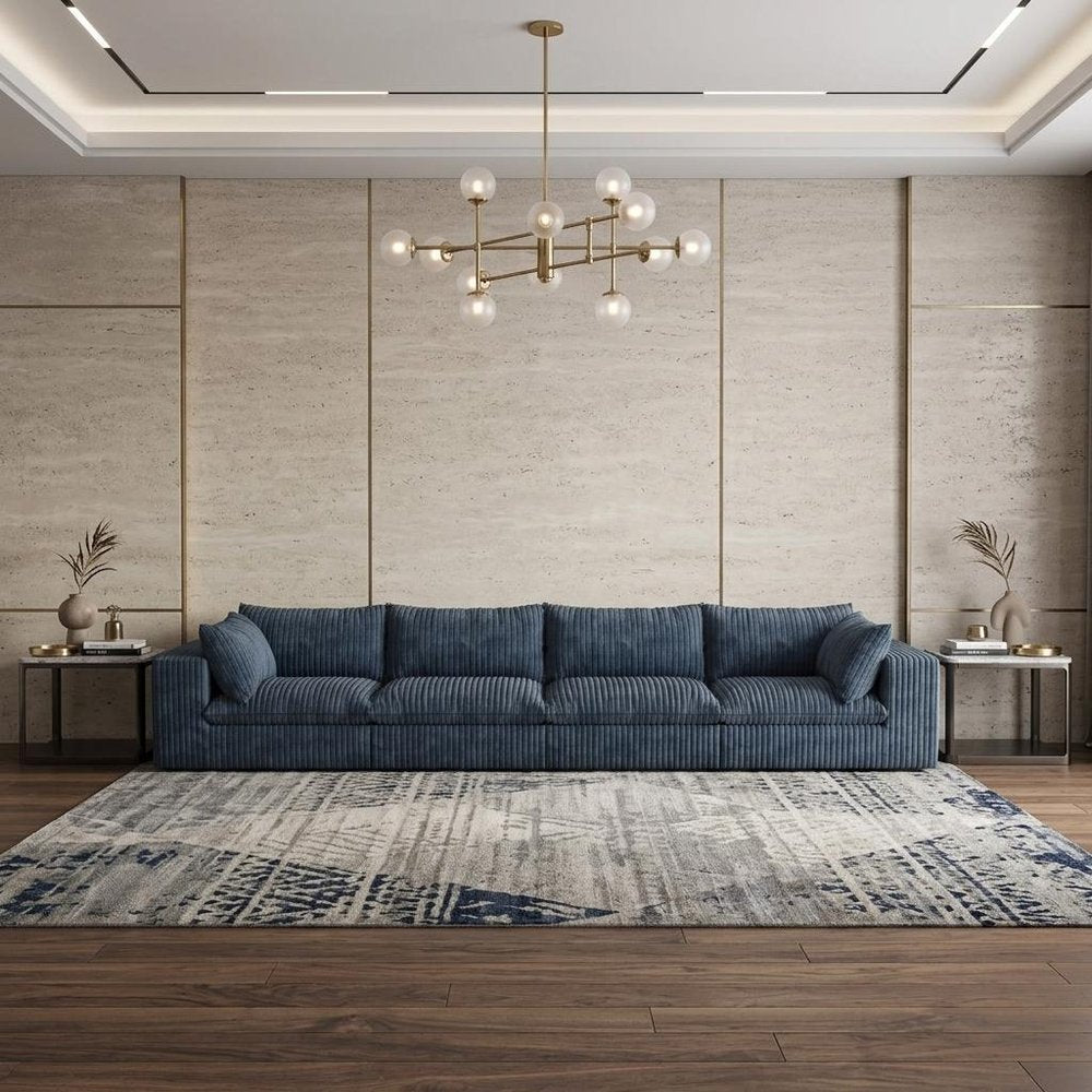 158" Blue Corduroy Modular Sofa With Toss Pillows