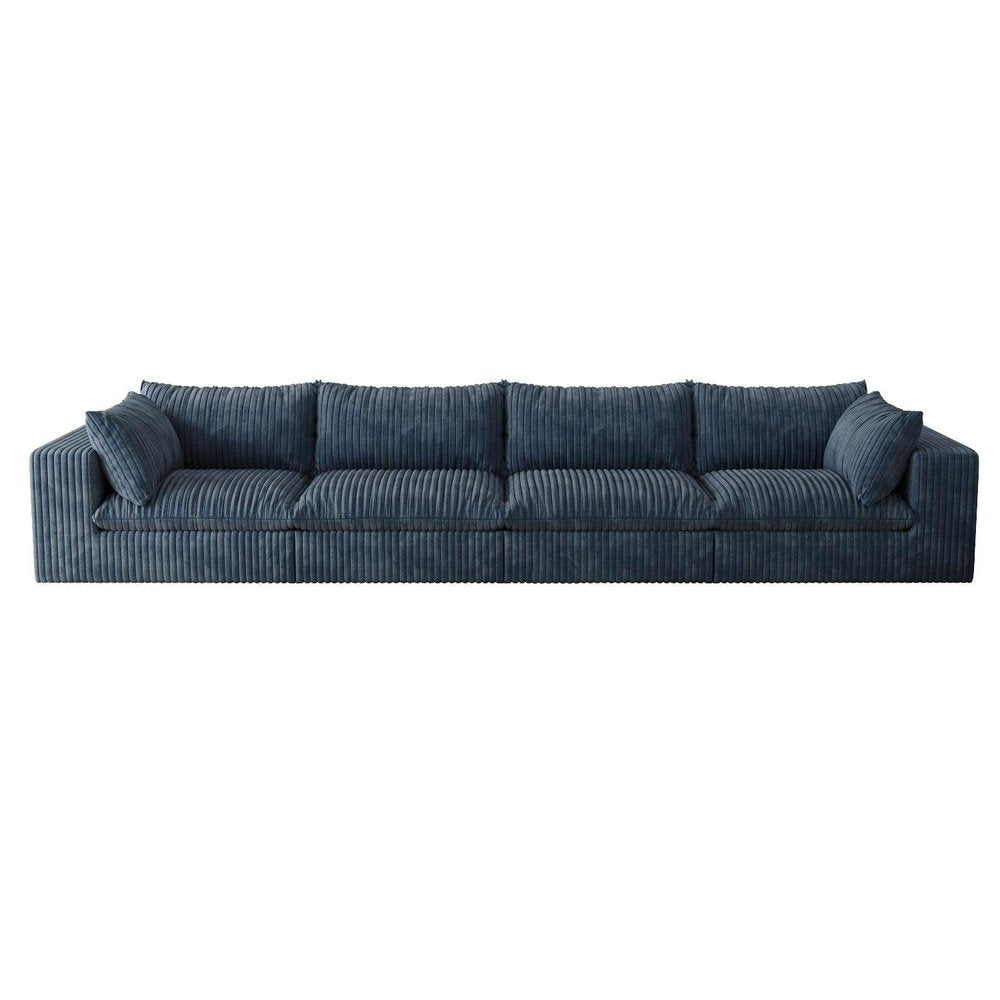 158" Blue Corduroy Modular Sofa With Toss Pillows