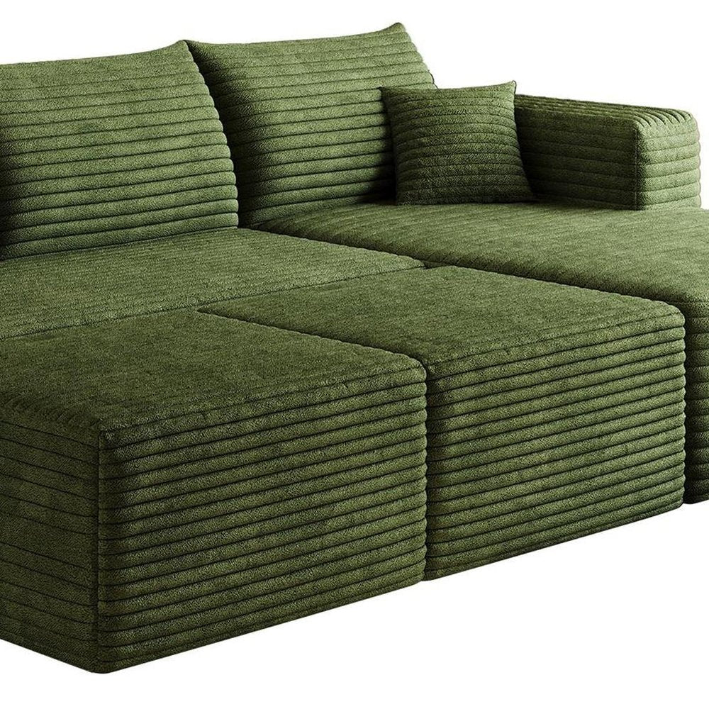 95" Green Corduroy Modular Chaise Style Sofa With Ottoman And Toss Pillows