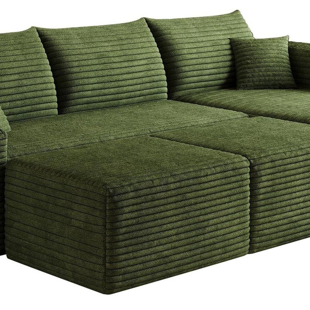 95" Green Corduroy Modular Chaise Style Sofa With Ottoman And Toss Pillows