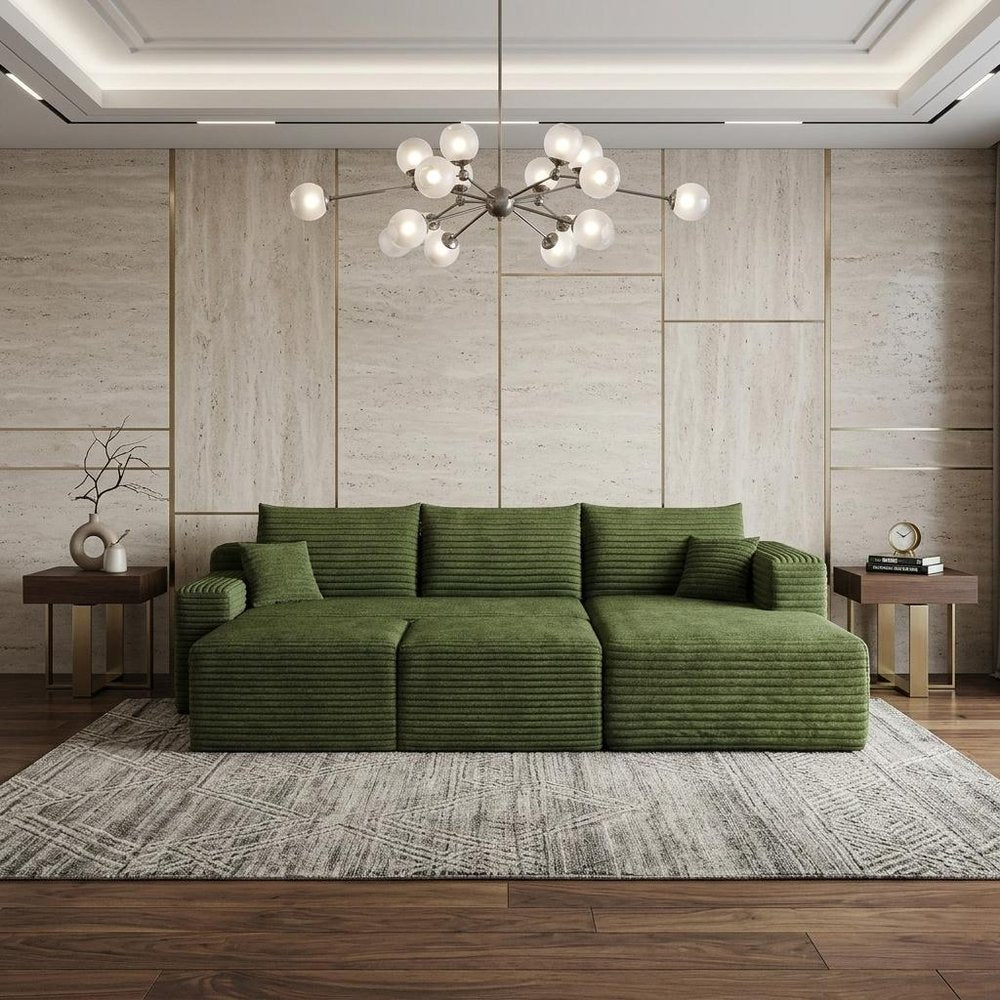 95" Green Corduroy Modular Chaise Style Sofa With Ottoman And Toss Pillows