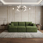 95" Green Corduroy Modular Chaise Style Sofa With Ottoman And Toss Pillows