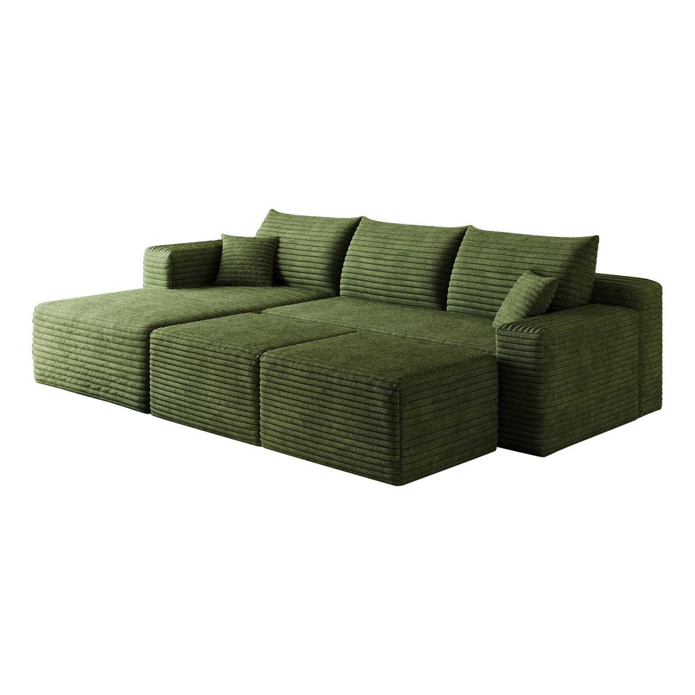 95" Green Corduroy Modular Chaise Style Sofa With Ottoman And Toss Pillows