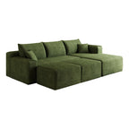 95" Green Corduroy Modular Chaise Style Sofa With Ottoman And Toss Pillows