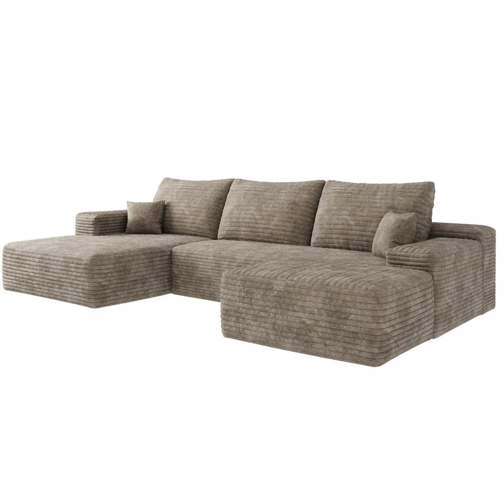 107" Camel Corduroy Modular Chaise Style Sofa With Ottoman And Toss Pillows