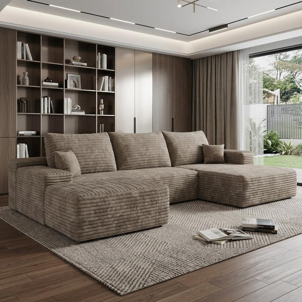 107" Camel Corduroy Modular Chaise Style Sofa With Ottoman And Toss Pillows