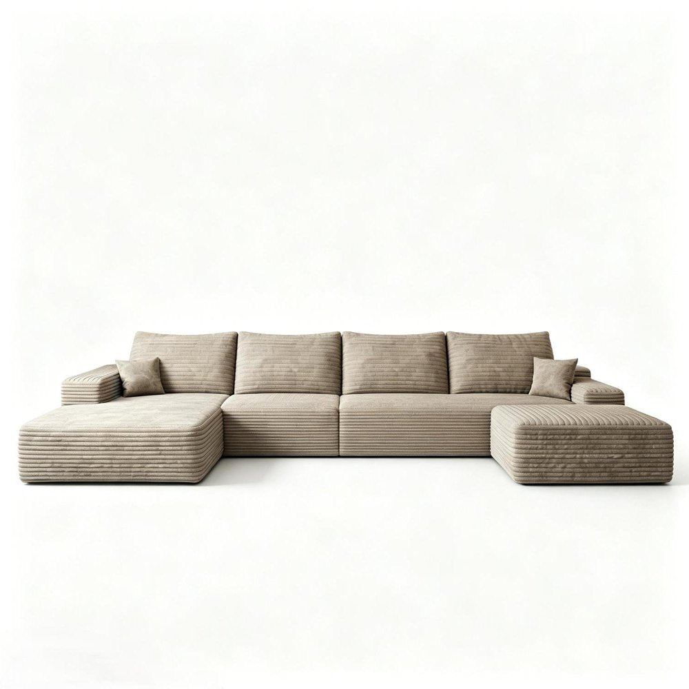 135" Camel Corduroy Modular Chaise Style Sofa With Ottoman And Toss Pillows