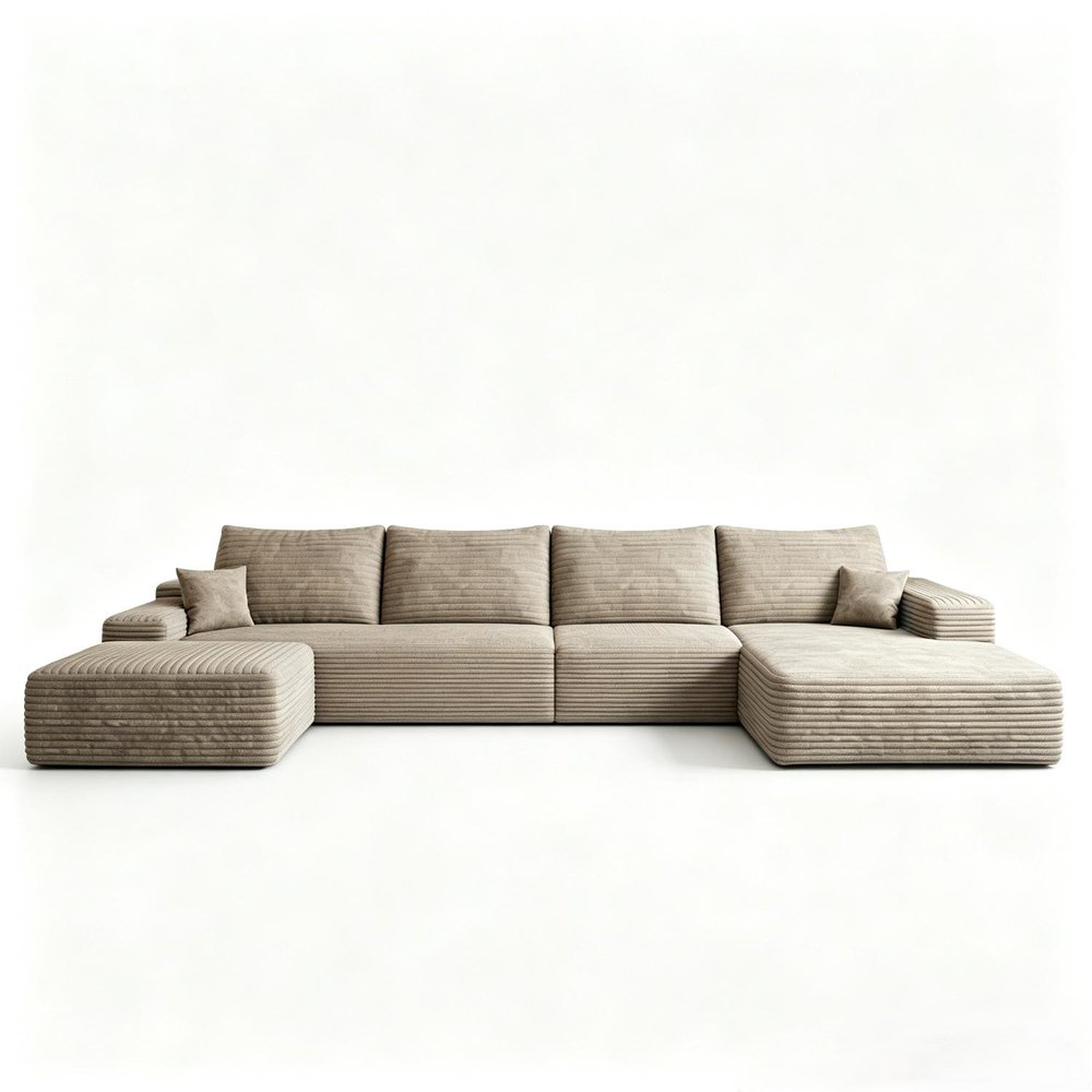 135" Camel Corduroy Modular Chaise Style Sofa With Ottoman And Toss Pillows