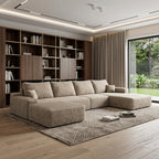 135" Camel Corduroy Modular Chaise Style Sofa With Ottoman And Toss Pillows