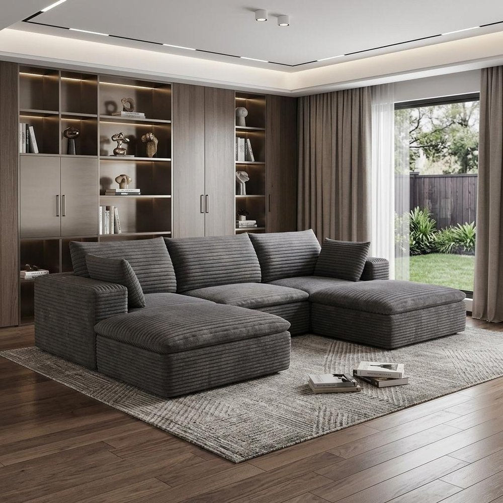 102" Gray Corduroy Modular Sofa With Ottoman And Toss Pillows