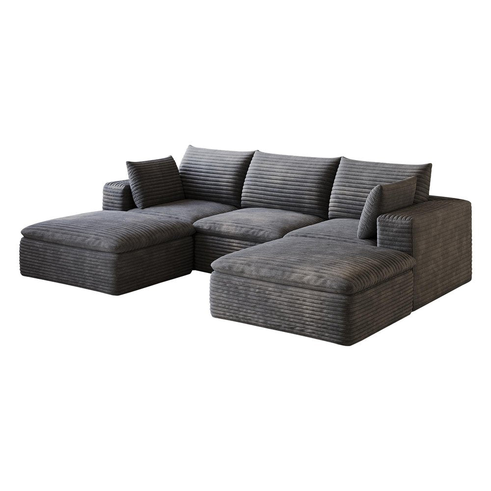 102" Gray Corduroy Modular Sofa With Ottoman And Toss Pillows