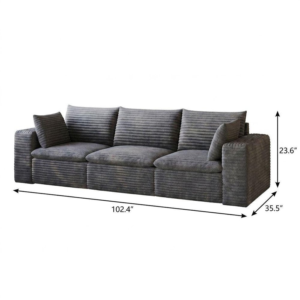 102" Gray Corduroy Modular Sofa With Toss Pillows