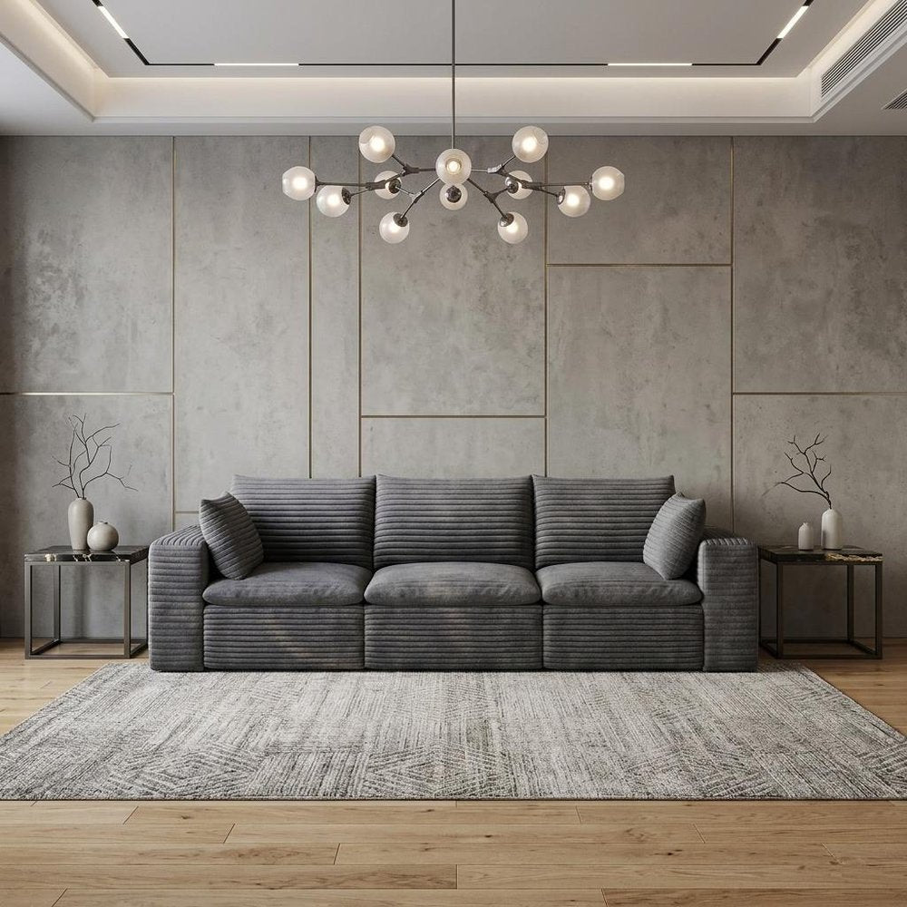 102" Gray Corduroy Modular Sofa With Toss Pillows