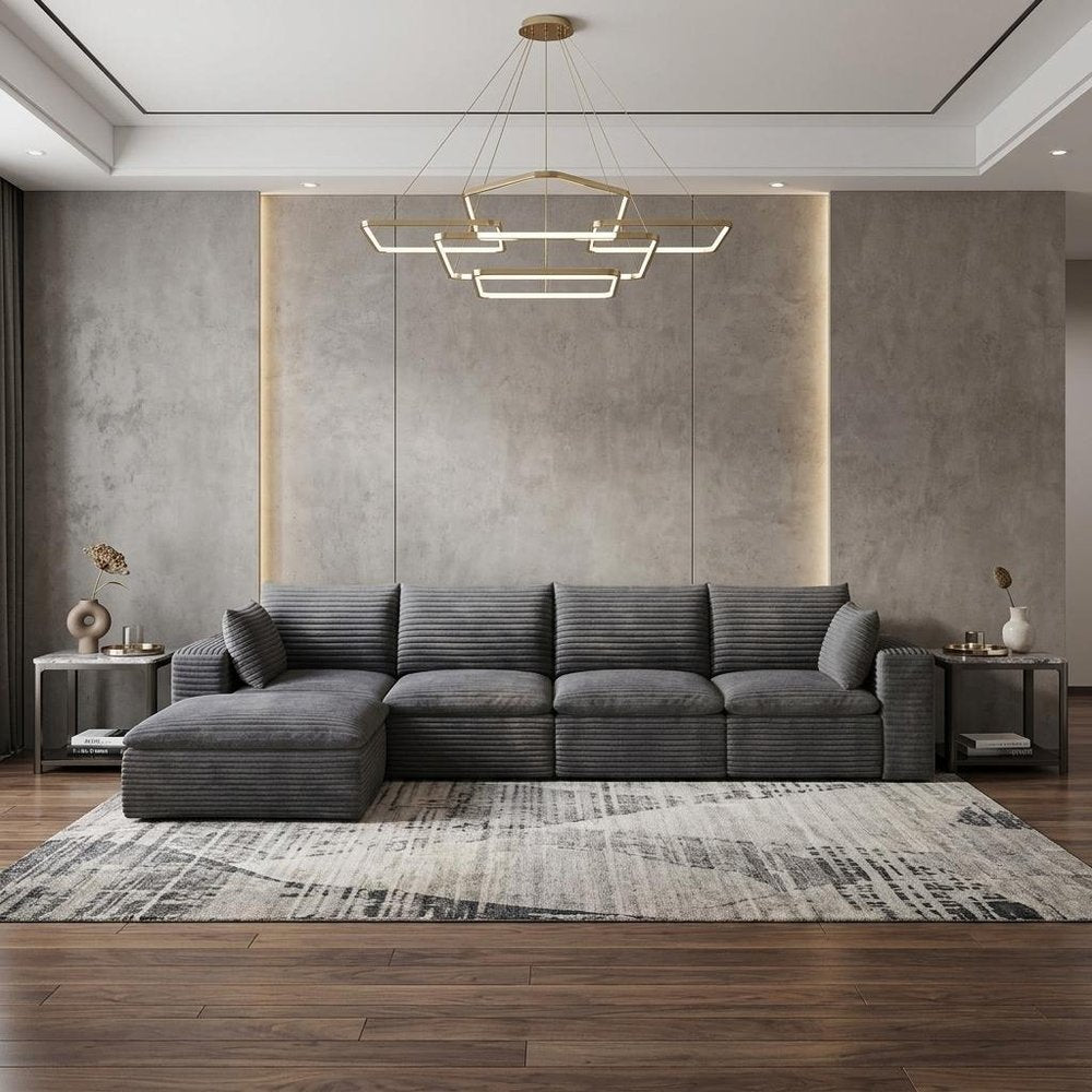134" Gray Corduroy Modular Sofa With Ottoman And Toss Pillows