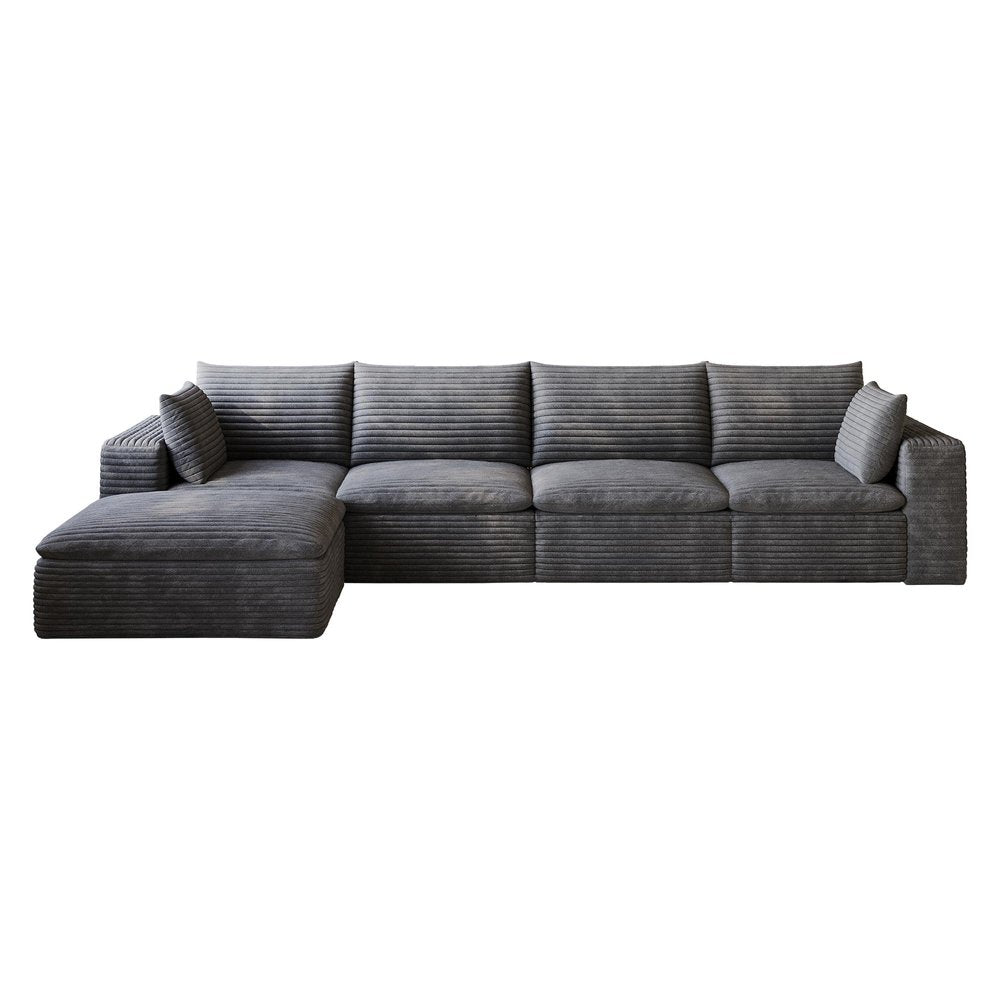134" Dark Gray Corduroy Modular Sofa With Ottoman And Toss Pillows