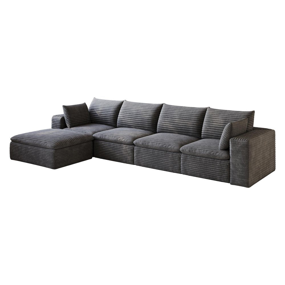 134" Gray Corduroy Modular Sofa With Ottoman And Toss Pillows
