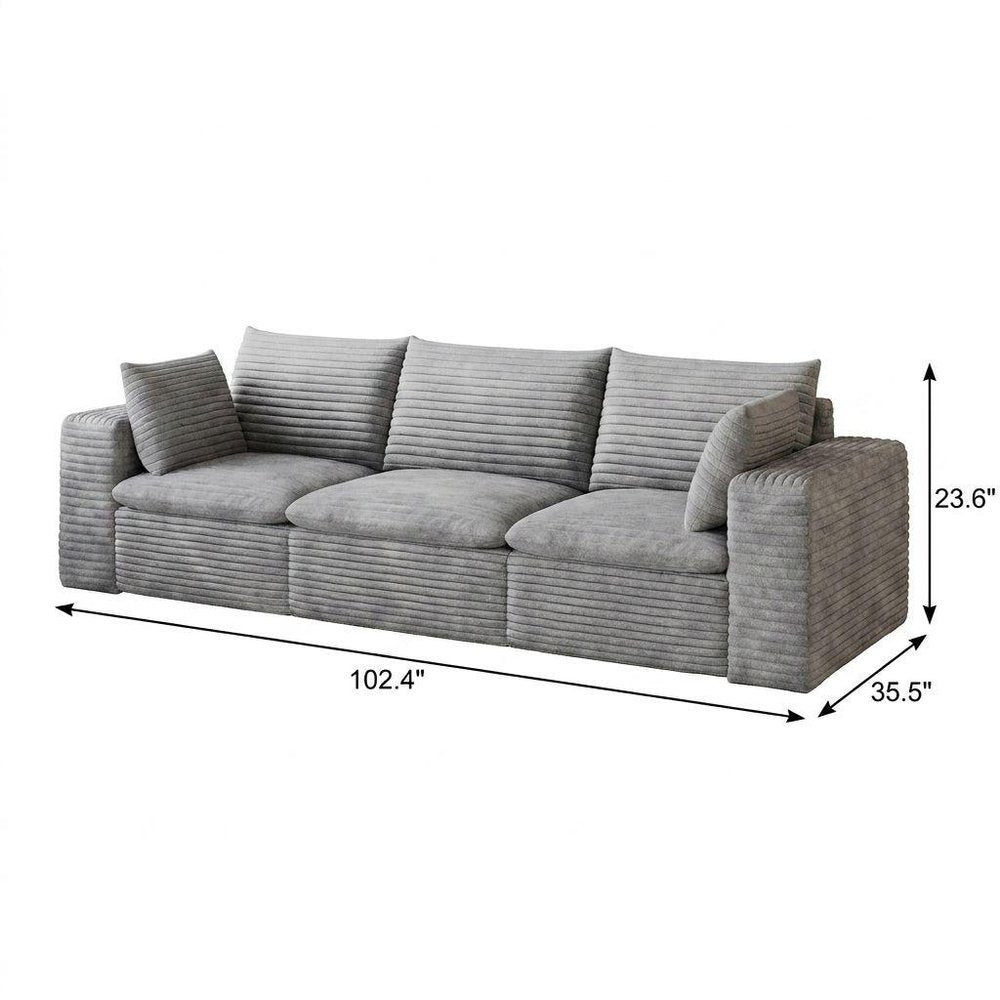 102" Gray Corduroy Modular Sofa With Toss Pillows