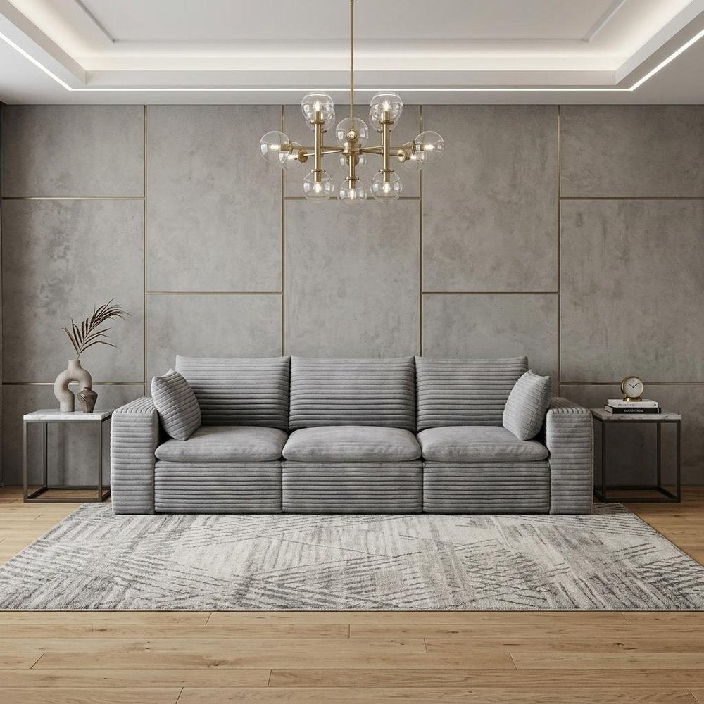102" Gray Corduroy Modular Sofa With Toss Pillows