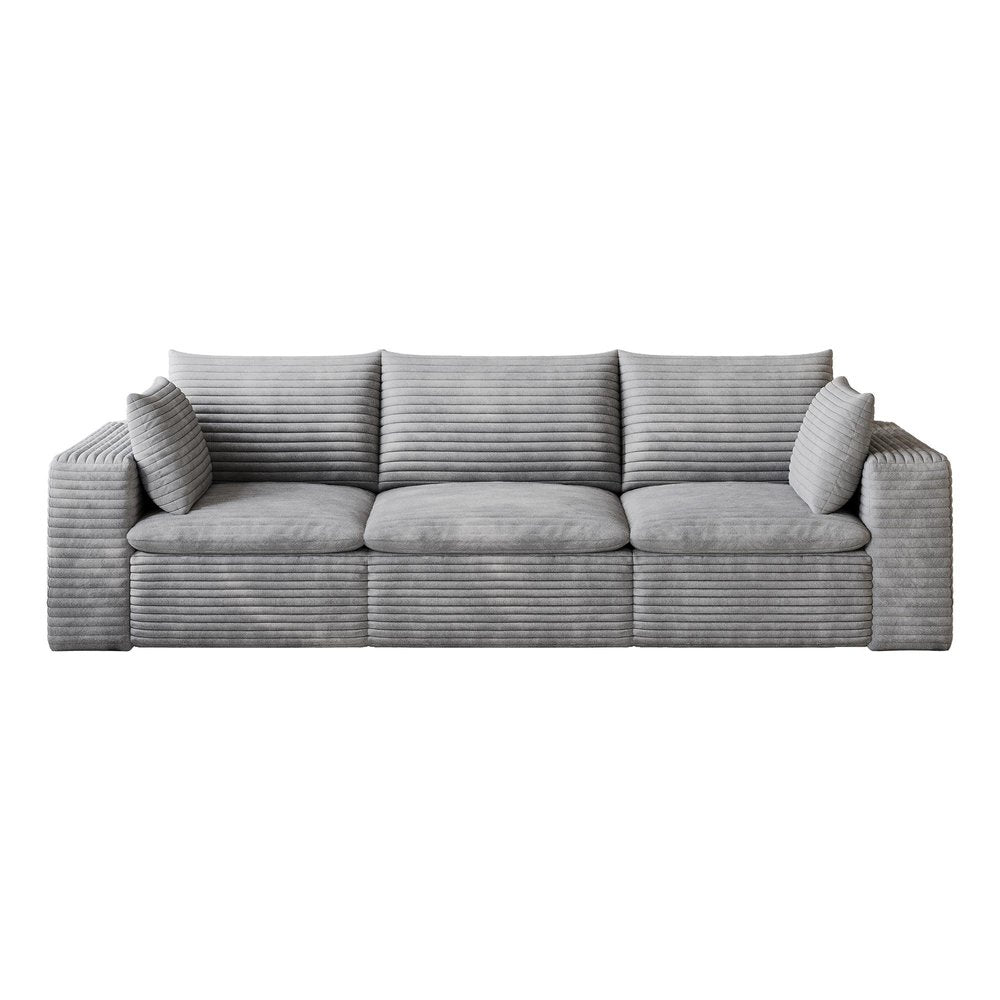 102" Gray Corduroy Modular Sofa With Toss Pillows