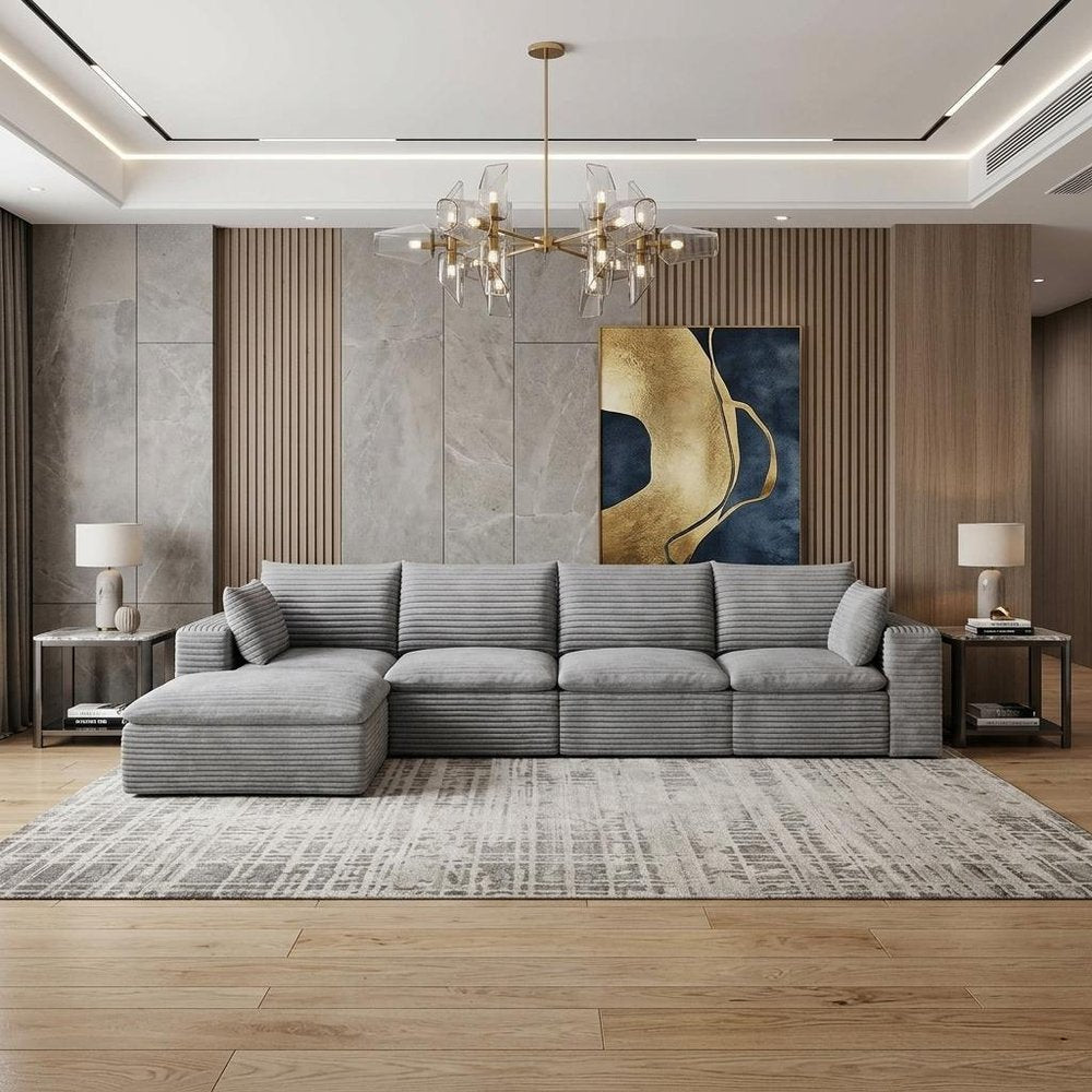 134" Dark Gray Corduroy Modular Sofa With Ottoman And Toss Pillows