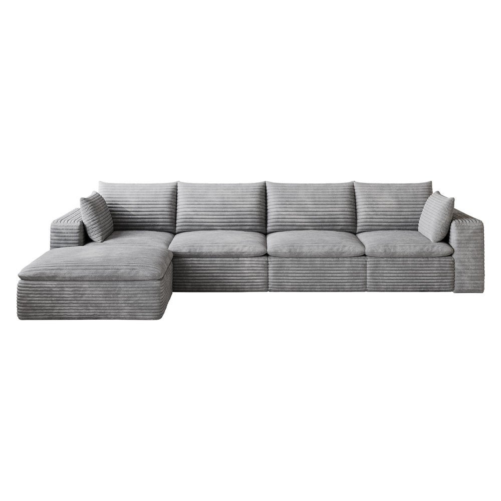 134" Gray Corduroy Modular Sofa With Ottoman And Toss Pillows